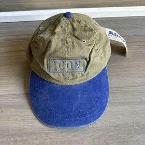 ICON Hat Cap‎ By Adams One Size Leather Strap Cotton Beige Tan Blue Vintage NWT